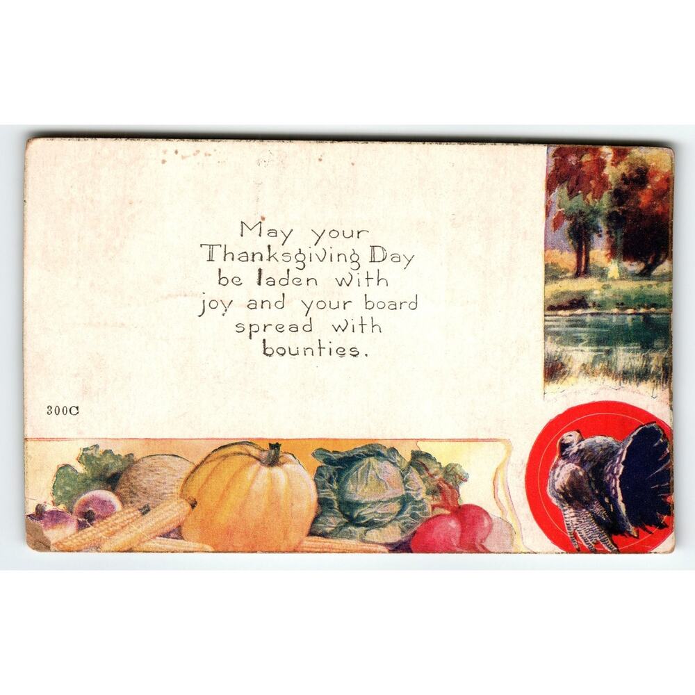 Vintage Thanksgiving Lithograph Postcard with Autumn Harvest Scene
